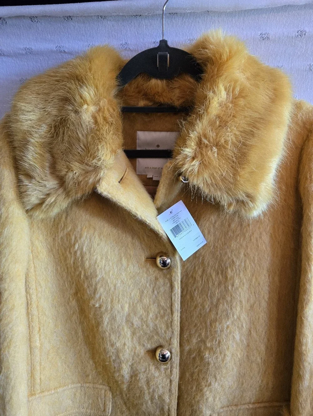 NWT kate spade Fluffy Wool Faux Fur Trim Coat Glitzy Ritzy Maize Yellow Size 10